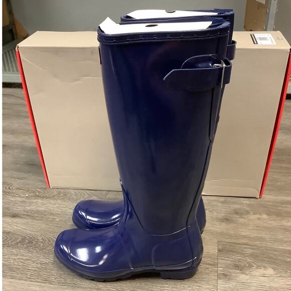 HUNTER Sz 7 Melody Blue Original Back Adjustable Gloss Rain Boots Pull On LM1-24 - Picture 3 of 10